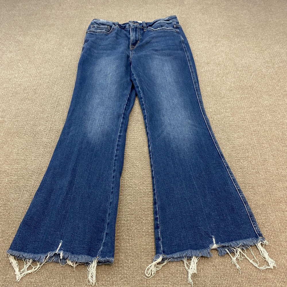 Mica Denim Flare Jeans Womens 28 Blue Med Wash Mid Rise Distressed Fringe Boho